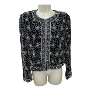 Scala VTG 80’s Silk Evening Jacket Beaded and Sequined Flower Power Silver